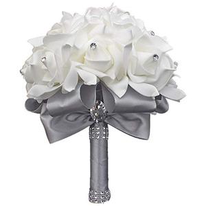 lot 2224 image: MOJUN Wedding Bouquets Crystal PE Roses Bridal Bridesmaid Wedding Hand Holding Bouquet Artificial Fake Flowers Toss Bouquet, Silver