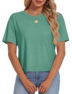 lot 2264 image: YUCOLEN Summer Crop Tops for Women Short Sleeve Crewneck Boxy Cropped T Shirt Loose UPF50 Breathable Cotton Basic Tees Gray Green, XL