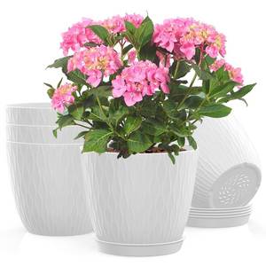 lot 3923 image: KAHEAUM 5 Pack 6 inch Planters for Outdoor Plants Indoor Plant Pots with Drainage Holes and Saucers, Modern Plastic Flower Pots for Plants Succulent Holiday Office House Home Decor Garden Pots White