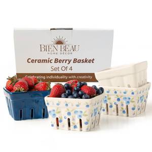 lot 3933 image: Ceramic Berry Basket, Farmhouse Colander, Farmers Market square Bowl. Rustic Kitchen decor fruit bowls, Fruit Baskets, Bleu White and Blueberry pattern Stoneware Harvest Bowls Set of 4
