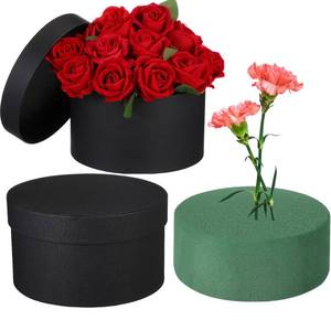 lot 3935 image: Nuenen Round Gift Box with Lid & Floral Foam Set, Black, 2 pcs, Gift Boxes for Flowers for Mothers Day Bridesmaid Wedding Baby Showers