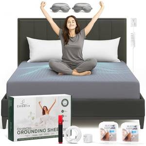 lot 3984 image: Emberix Grounding Sheets King Size, 12% Pure Silver Fiber Earthing Bed Sheet, 88% Cotton Soft & Breathable, Grounded Sheets Deep Pocket 15 with Eye Masks & Ear Plugs for Rest & Wellness (Gray)