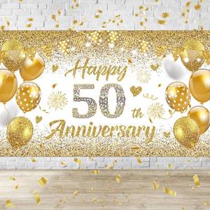 lot 4189 image: 50th Wedding Anniversary Banner Decorations, White Gold Happy 50 Anniversary Party Supplies, Golden 50 th wedding anniversary decorations Decor Poster Photography for Backdrop 72.8x43.3 inches