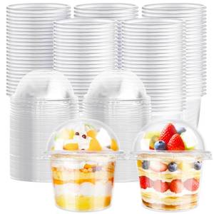 lot 6027 image: Jnnzzggu 100Pcs Disposable Plastic Cups,8Oz Parfait Cups with Dome Hole Lids,Disposable Snack Bowls for Cake,Fruit,Parfait,Pudding,Jello Shot,Coffee,Ice Cream