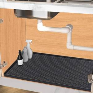 lot 6083 image: Jacooxi Under Sink Mat 25 x 22 for Kitchen Waterproof, Silicone Under Kitchen Sink Liner Mat, Easy to Clean Bathroom Cabinet Mat Organizers and Storage, Black