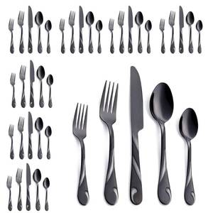 lot 6086 image: Seeshine Black Silverware Set for 8, 40-Piece Stainless Steel Flatware Set, Shiny Black Metal Cutlery Set, Include Fork, Knife and Spoon Set, Dishwasher Safe