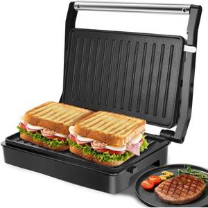 lot 6093 image: Panini Press Sandwich Maker, Aigostar 1000W Sandwich Press Grill with Non-Stick Coated Plates, Indicator Light, Locking Lid, Cool Touch Handle, Panini Maker Panini Press Grill Easy to Storage & Clean