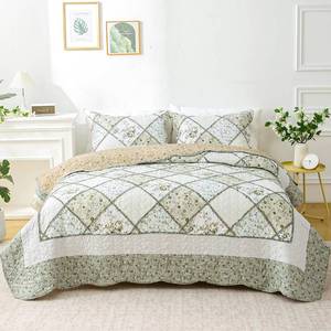 lot 6113 image: Yumhjika Patchwork Quilt Set King Size, 3 Pieces Floral Plaid Bedspreads Coverlet, Soft Microfiber Lightweight Bedding Set for All Season,Gray Green