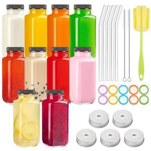 lot 6117 image: TUZAZO 10 Pack 8 Oz Glass Juice Bottles with Lids, Reusable Travel Drinking Jars Juice Containers, Glass Bottles for Juicing with Brush, Straws, Lids with Hole