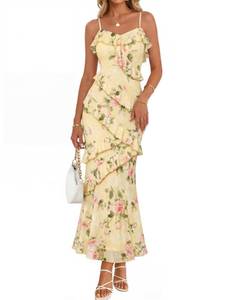 lot 6177 image: MEROKEETY Spring Summer Floral Wedding Guest Maxi Dress Womens 2026 Formal Bodycon Ruffle Spaghetti Strap Cocktail Long Dress, Yellow, Medium