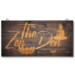 lot 6191 image: Blulu Zen Decor The Zen Den Lotus Wood Sign 11.8 x 5.9 Inch Zen Room Decor Meditation in Progress Wall Hanging Sign with Hooks Inspirational Wooden Door Plaque for Yoga Studio Bedroom Decoration cracked top left corner
