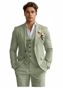 lot 6196 image: Men 3 Piece Suits Set Linen Slim Fit Wedding Dress Outfits Beach Prom Groomsmen Tuxedo Blazer Vest Pants for Teen XL Sage Green