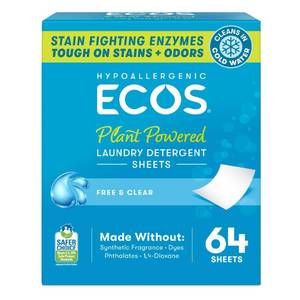 lot 6209 image: ECOS Laundry Detergent Sheets Vegan, No Plastic Jug, No Mess & Liquid Free - Hypoallergenic, Plant Powered Laundry Detergent Sheet - Free and Clear - 64 Count (Pack of 1)