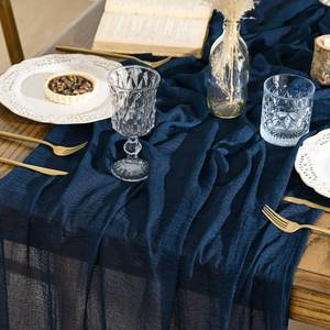 lot 6211 image: Artoid Mode Boho Cheesecloth Gauze Navy Blue Wedding Table Runner, 120 Inch Seasonal Fabric Kitchen Dining Holiday Table Decor for Home Party Indoor