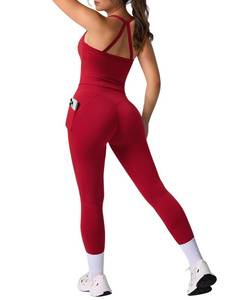 lot 6212 image: RXRXCOCO Cross Back Workout Sets for Women 2 Piece Padded Tank Tops Hidden Scrunch Leggings Gym Outfits with Pockets Red Medium