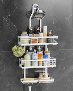 lot 9203 image: OMAIRA Shower Caddy Hanging with Soap Scrub Holder, Stainless Steel Adjustable No Drilling Non-Slip Large Capacity Sturdy Over Shower Head Shower Organizer Inside Shelves Bathroom Storage Rack, White