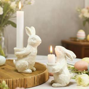 lot 9208 image: Potchen 2 Pcs Easter Bunny Candlestick Holders Vintage Rustic Bunny Stick Holders Resin Taper Candle Centerpieces Decor for Easter Fireplace Mantle Dining Table, Holiday Office Home Gift (White)