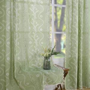lot 10231 image: Schweek Sage Green Curtains for Living Room, Boho Semi Sheer Floral Curtains 84 Inches Length 2 Panels, Vintage Farmhouse Printed Patterned Tassels Country Curtain Drapes