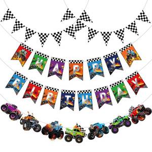 lot 10234 image: Pasimy 4 Pcs Truck Birthday Banner Cars Monster Truck Themed Garland Black and White Checkered Flags Pennants Green Purple Happy Birthday Bunting Racing Car Theme Party Decorations Supplies