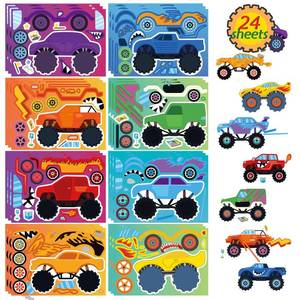 lot 10237 image: 24 Sheets Monster Truck Sticker, Monster Truck Party Favor, Make Your Own Stickers Cartoon Car Make-a-face Stickers Classroom Activities Birthday Gift for Girls Boys