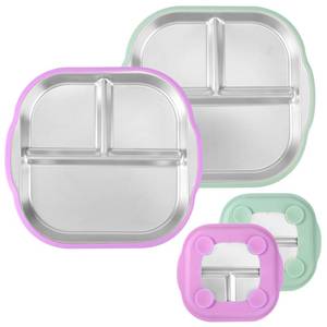lot 10239 image: Lyreh 2pcs Stainless Steel Suction Plates for Toddlers, BPA-Free Square Kid Dishes Divided Plate Bowls with Detachable Silicone Base for Baby Feeding Weaning Supplies Dishwasher Safe(Purple & Green)