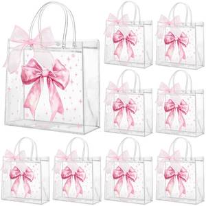lot 10247 image: Wesnoy Pink Bow Clear PVC Gift Bags with Handles Coquette Bowknot Party Favor Candy Treat Tote Bags for Birthday Party