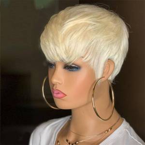lot 10248 image: YKHJH Pixie Cut Wig Human Hair For Black Women Short Straight Human Hair Wigs With Bangs Full Machine Made Wigs (Platinum Blonde)