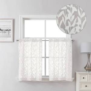lot 10267 image: Lecloud Leia Ivory 2 PCS Sheer Kitchen Curtains 30 Inch Length, Breathable Clip Textured Leaf Cafe Bedroom Voile Curtain Tiers, Dual Rod Pockets Jacquard Bathroom Bedroom Drapes, 40 W x 30 L