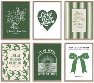 lot 10279 image: 6Pcs Green Christian Scripture Canvas Wall Art, Praise God Bible Verse Painting Pictures Wall Decor, Bow Scripture Preppy Aesthetics Poster Prints for Bedroom Dorm Home Decoration, 8x10in Unframed