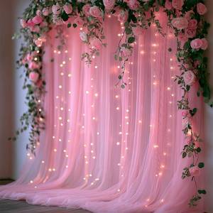 lot 10286 image: EMHOLDBU Pink Tulle Backdrop Curtain with Lights String 10x8ft Sheer Drapes for Baby Shower for Girls, Bridal Shower, Birthday, Photo Booth, Party, Home Decor (2 Panels, Pink)