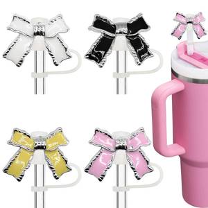 lot 10293 image: Amreich Epoxy Bow Straw Toppers for Stanley Cups -4PCs Cute Straw Cover Caps Silicone Stanley Cup Accessories Compatible with 12 20 30 40 Oz Tumblers in Pink Black White Yellow with Storage Case
