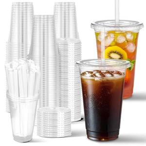 lot 11134 image: Charmount 100 Sets- 20 oz Clear Plastic Cups with Lids and Straws, Disposable To Go Cups for Cold Drinks, Coffee Bar Accessories, Iced Coffee, Smoothies