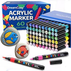 lot 11142 image: 60 Colors Acrylic Markers Set,Brush Tip Acrylic Paint Pens for Painting on Rocks, Canvas, Ceramic, Wood, Glass - Perfect for Artists, Kids and Adults - DIY Crafts, Holiday Decorations & Art Supplies