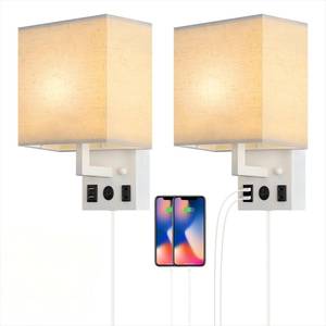 lot 11178 image: BTY Bedside Wall Lamps Set of 2 Plug in Wall Sconces Wall Lighting with Dual USB Charging Ports and AC Outlet Modern Wall Lamp with Plug in Cord Wall Lights for Bedroom Living Room (2 Bulbs Included)