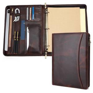 lot 11185 image: Geslun 3 Ring Binder Genuine Leather Portfolio, Front Pocket, 8.5 x 11 Legal Pad Padfolio for Men and Women, Zippered Notepad Laptop Organizer, Business Executive Work Folio, Dark Brown, Oil Tanned
