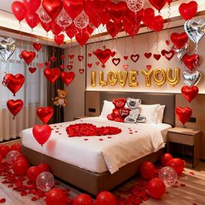 lot 12397 image: YuLeFang 54pcs Heart Balloons I Love You Valentines Decoration with 50 Hang 1000 Silk Rose Bear Heart Shaped Red Balloons Romantic Night Wedding Anniversary Proposal Decor Valentine Day Decorations