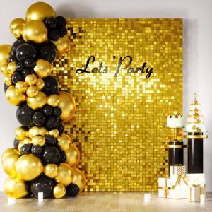 lot 13408 image: COKAOBE Gold Shimmer Wall Backdrop, 24 Panels Square Sequin Shimmer Backdrop, Photo Backdrops for Birthday, Anniversary, Wedding, Graduation & Bachelorette Party Decoration