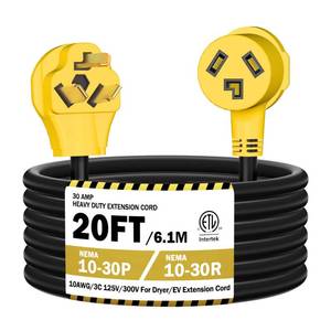 lot 13412 image: Strightinc 20FT 3 Prong Dryer 30A 10-30P to 10-30R  EV Extension Cord Level 2 EV Charging Model 3XYS 125V250V STW 10 Gauge Heavy Duty Extension Cord Yellow Plug
