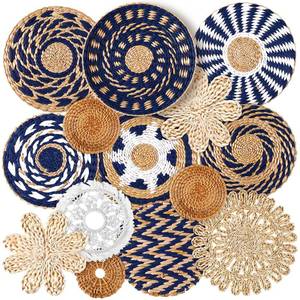 lot 13413 image: Xuhal 15 Pcs Boho Wall Basket Decor Handcrafted Seagrass Woven Wall Basket Rustic Round Woven Hanging Art for Home Farmhouse Kitchen Table Living Room(Blue Classic Style)