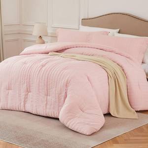 lot 13414 image: Quataly Pink California King Comforter Set - 3 Pieces Seersucker Lightweight Bedding Comforter Sets (1 Soft Fluffy Comforter & 2 Pillowcases) - All Seasons Cozy Cute Bed Sets for Women Girls