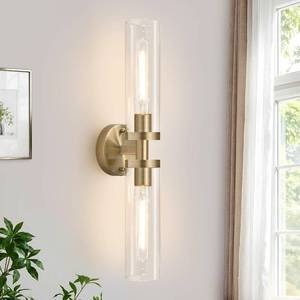 lot 13422 image: Indoi Brass Wall Sconces, Hardwired Bathroom Sconces Wall Lighting with Clear Glass, Modern Bathroom Vanity Lights fixtures for Mirror Bedroom Living Room Hallway Kitchen
