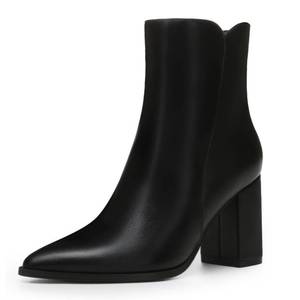lot 13423 image: Athlefit Womens Heeled Ankle Boots Fashion Pointed Toe Chunky Block Heel Side Zipper Short Black Leather Boots Size 9