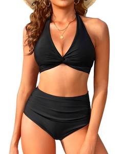lot 14001 image: Yonique Womens Two Piece High Waisted Bikini Set Tummy Control Swimsuit Full Coverage Bathing Suit Halter Black M