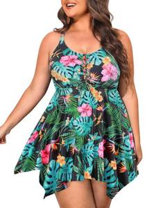 lot 14011 image: NIeyook Plus Size Swimsuit for Women Tummy Control 2 Piece Tankini Bathing Suits for Women with Boyshorts Black Green Leaves 24W