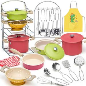 lot 14015 image: Golray Play Kitchen Accessories, Kids Kitchen Playset Pretend Cookware Including Pots and Pans Set, Cooking Utensils, Organizer, Condiments, Apron & Gloves, Birthday Gifts for Girls Boys Toddlers