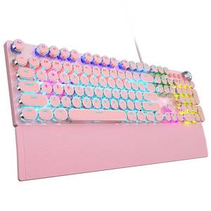 lot 14016 image: AULA F2088 Typewriter Mechanical Keyboard, Pink Retro Wired Gaming Keyboard with Blue Switches, Rainbow Backlit, Round Keycaps, Media Knob & Removable Wrist Rest