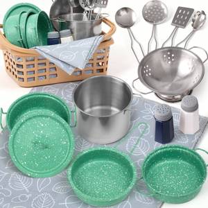 lot 14018 image: Veitch fairytales Kids Play Kitchen Toy Accessories Set Toddler Cooking Playset Colorful Stainless Steel Pots and Pans Birthday Gifts for 3 Girls Boys (New Green)