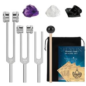 lot 14035 image: Tuning Forks for Healing Set (128Hz, 256Hz, 512Hz), Weighted & Unweighted Tuning Forks for Sound Healing with a Rubber Mallet and 3 Crystals, Healing Gifts for Women & Men