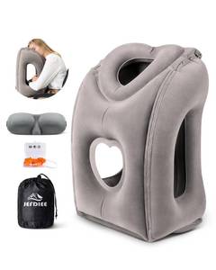 lot 14416 image: JefDiee Inflatable Travel Pillow, Airplane Neck Pillow Comfortably Supports Head and Chin for Airplanes, Trains, Cars Office Napping on The Tray Table (Grey)
