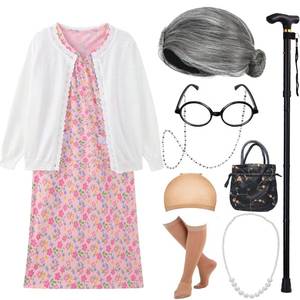 lot 14420 image: EBYTOP 100 Days of School Costume for Kids 100th Day Halloween Old Lady Costume Dress up Granny Wig Grandma Glasses Cane,2-WH 3-4 Years
